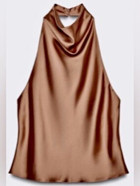 Zara Satin Effect Halter Top - Camel Light/Medium Brown, Size S